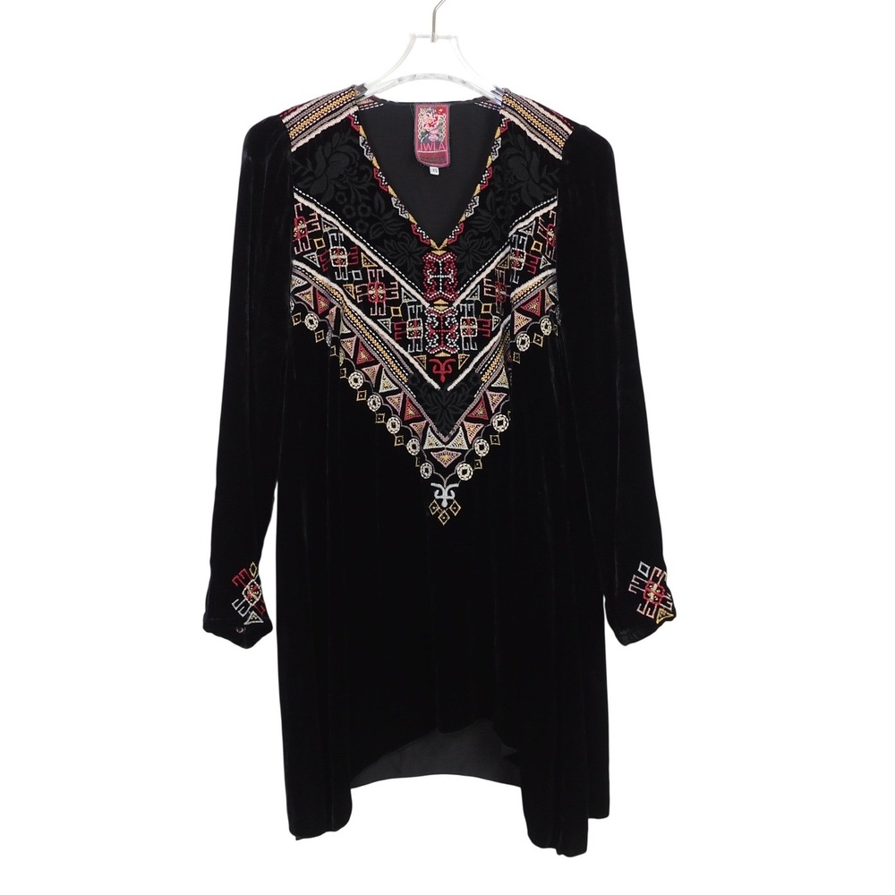JWLA Johnny Was Black Landon Velvet‎ Embroidered Tunic Dress Silk Blend XS